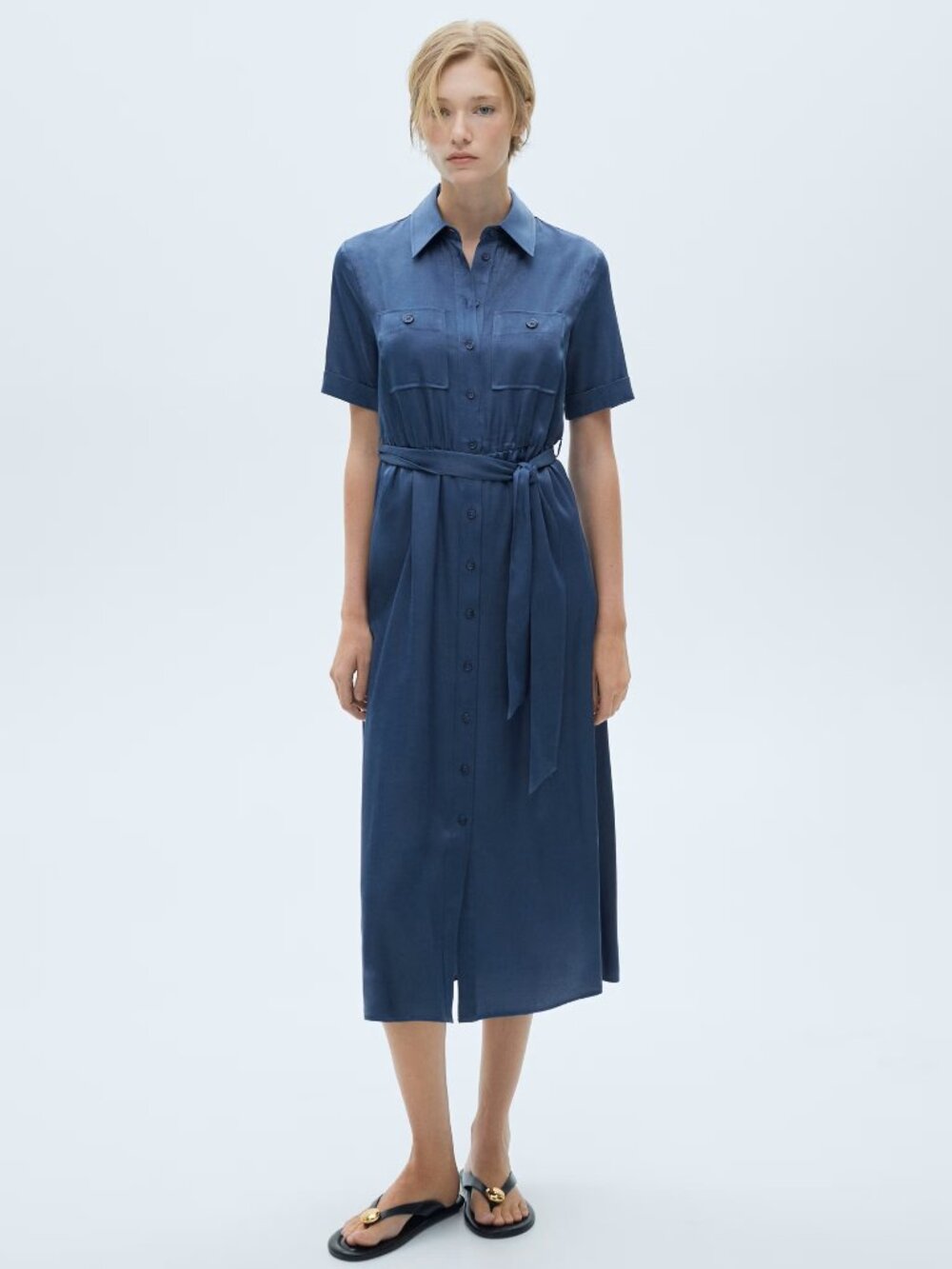 NWT MANGO MNG Viscose Blend Satin Shirt Dress Midi Open Blue Tie Waist Size 2